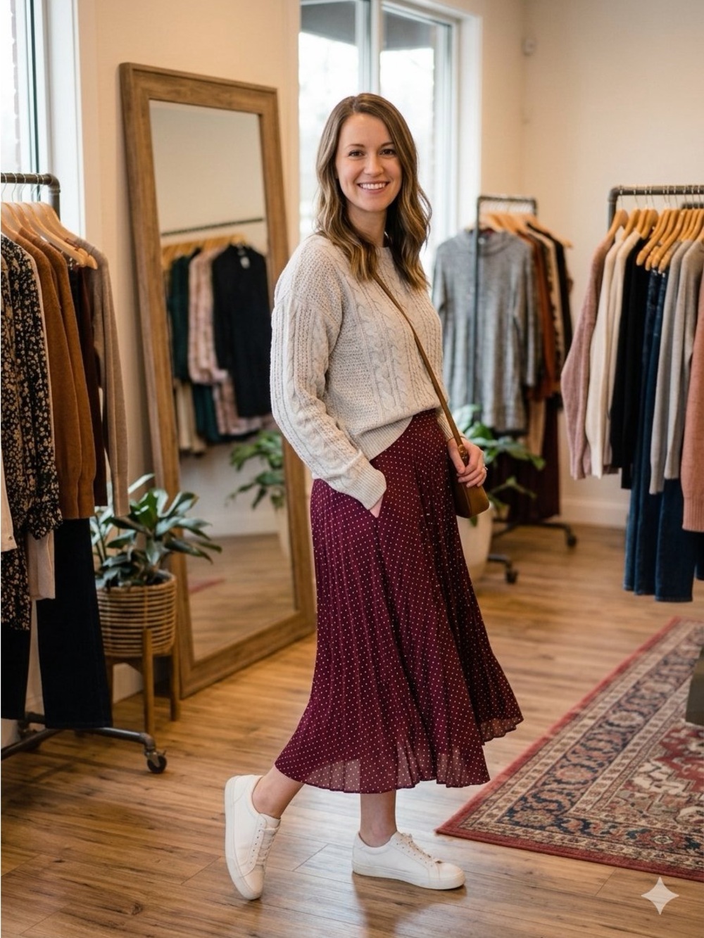 Pleated Burgundy Midi Skirt with Polka Dot Print